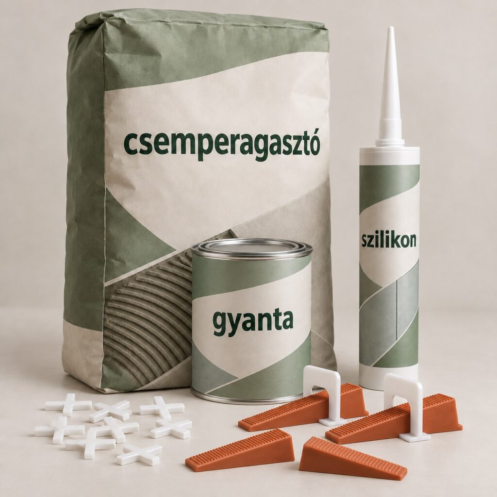 Burkolási segédanyagok: csemperagasztó zsák, gyanta doboz, szilikon patron, fugakeresztek és lapszintező ékek